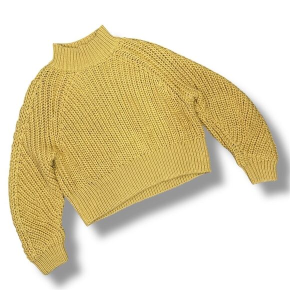 H&M Chunky Knit Funnel Neck Barrel Sleeve Crop Sweater Yellow Medium - Picture 12 of 12